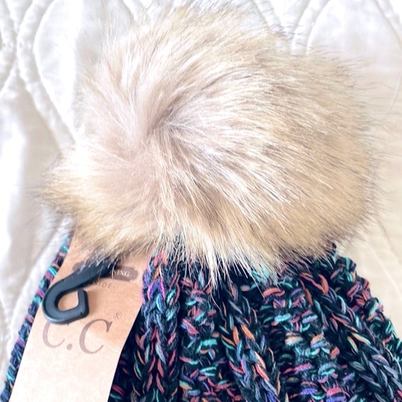 C.C colorful knit, faux fur Pom-Pom beanie - Picture 4 of 7
